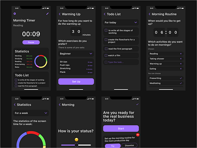 Darker part 2 and Components app black components dark design education minimalism mobile productive purple statistics ui ui kit ux uxui