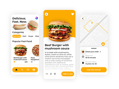 Food delivery app concept app burger delivery design food illustration map mobile orange ui ux uxui white