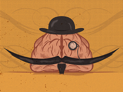 An Aged Mind 2 aged brain design halftone hat illustration mind monocle mustache ornament swashes texture