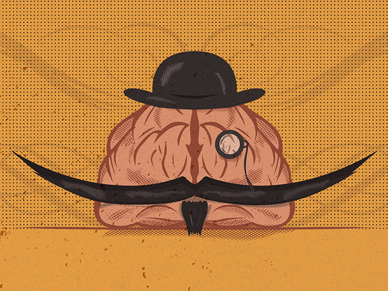 An Aged Mind 2 swashes ornament design mind aged monocle texture halftone hat brain mustache illustration