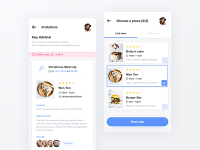 Lunch App app blue cards flat food ios lunch mobile rsvp screen ui ux