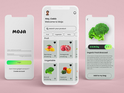 Moja Organic food app design template. app fruit app health app illustration new app organic organic food app ui design ui kit vegetable