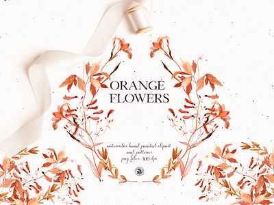 Orange flowers - watercolor hand painted set