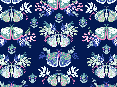 Vector floral pattern with moths