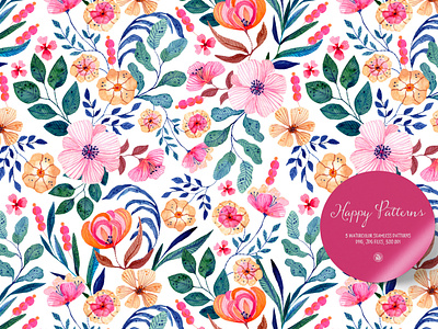 Watercolor Happy Pattern fabrics flowers illustration seamless pattern watercolor