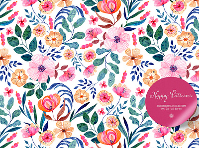 Watercolor Happy Pattern fabrics flowers illustration seamless pattern watercolor