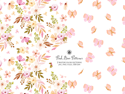 Duo Pink Patterns fabrics flowers seamless pattern watercolor