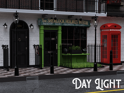 Sherlock Holmes - 221B - Daylight 3d blender branding cycles design glass graphic design hdri holmes illustration logo london modeling outdoor sherlock street telephone texture ui vector