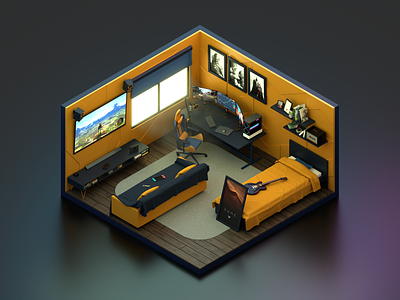 Isometric Gaming Room 3d blender branding cycles design game gaming graphic design guitar illustration iso isometric light logo modeling room switch ui vector yellow
