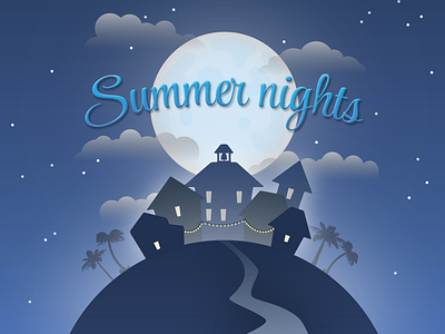 Summer Nights hill houses illustration moon night scene sky summer town