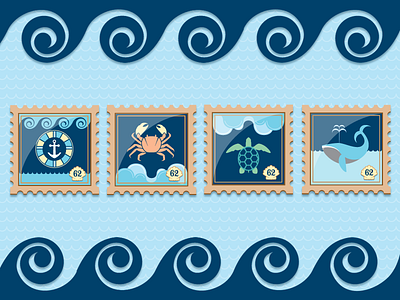 Nautical Stamp Set anchor crab dribbble illustration nature nautical postage sea stamps turtle vector whale