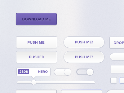 Free Clean UI Kit (PSD) Complete with Dubstep references. checkbox clean download dubstep file. buttons free freebie kit minimal photoshop psd purple sharp skrillex slider tooltip ui validation