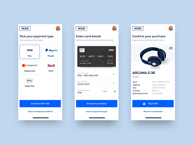 Checkout process - Arcana app branding checkout clean concept confirmation design headphones mobile payment paypal shipping ui uidesign ux visa