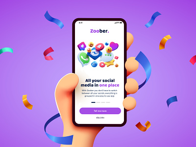 Zoober - Social media 3d branding clean concept design emoji graphic design illustration intro logo mobile purple social socialmedia splashscreen ui ux zoober