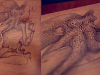 Octolady octopus on wood pencil illustration