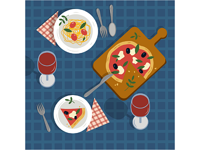 Dinner design food food illustration graphic design illustration pasta pizza spaghetti ui vector vector design wine