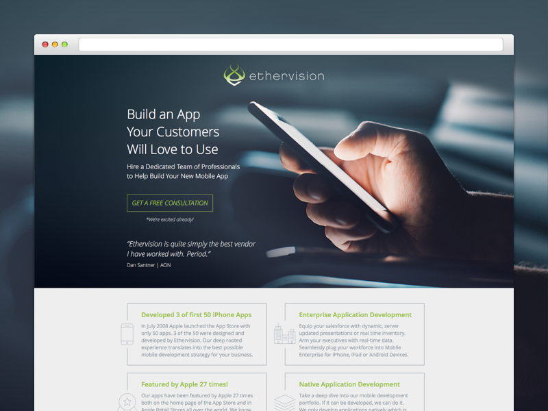 Ethervision - Landing Page landing light lp phone smart technology ui ux