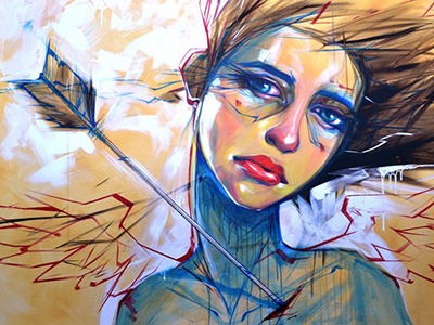 Wounded arrow bird girl painting wing wound