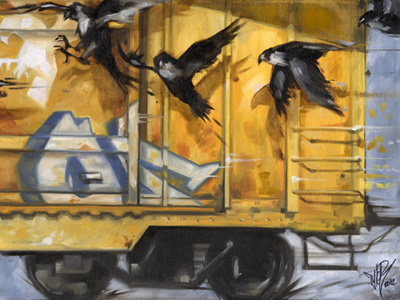 Falcon Transport bird canvas car falcon fly freight oil painting railroad train transport