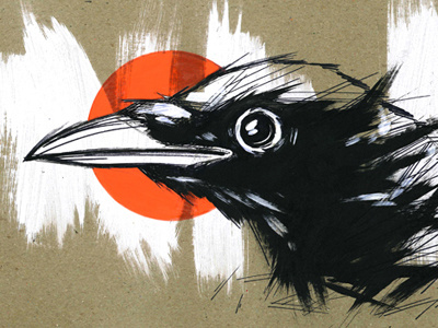CROW AT DUSK bird chip board crow drawing gesso ink marker sketch sun