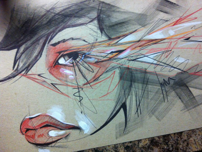 chipboard randomness acrylic bic pen colored pencil drawing eye lips sharpie sketch woman
