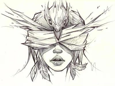 Blindfolded bic bird girl ink pen sketch sketchbook