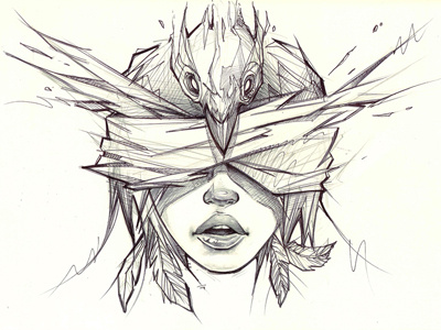 Blindfolded bic bird girl ink pen sketch sketchbook