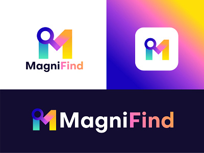 Moder Colorful branding logo for MagniFind abstract app brand identity brand identity designer branding colorful design find logo graphic design illustration logo m m lettter m logo m mark magnifying magnifying glass