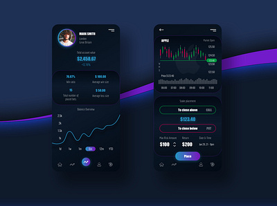 Trading app - modern and dramatic mobile UI apple bitcoin blockchain creative crypto dark design exchange investing mobile modern stock market stocks tesla trading vibrant