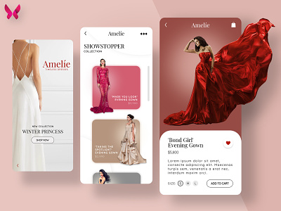 FASHION E-COMMERCE APP - AMELIE app beautiful dresses ecommerce fashion girls gowns illustration mobile modern ui women