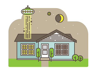 Aliens! aliens house illustration line drawing minimal spaceship trees ufo