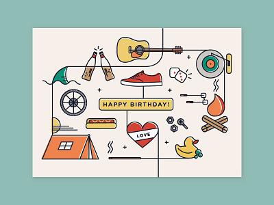 Birthday Card birthday camping fire greeting card guitar heart hot dog record player