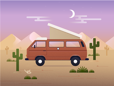 Vanagon bus cactus camping clouds desert moon mountains plants skull sky sunset volkswagen