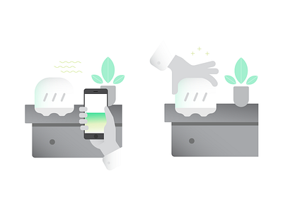 Two Drawer-ings android app illustrations furniture gradients hand holding phone hands home ios minimal plants spot illustration walkthrough