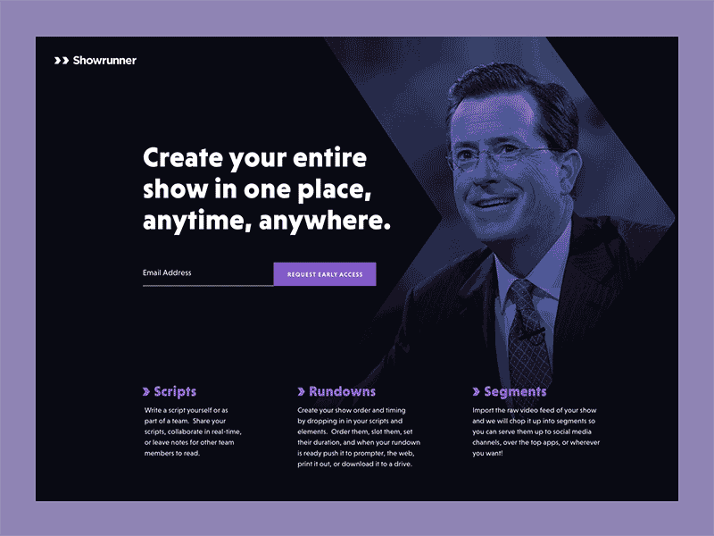 Showrunner Landing Page brand dark email grid landing page logo minimal modern purple signup web design website