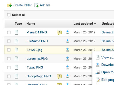 Document Library document list interface hover file type document library grey yellow