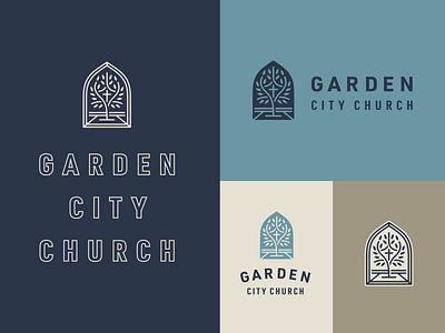 Garden City Church Branding blue christian church city cross design garden icon illustration lineart logo outline revelation reverse taupe tree type typography vector window