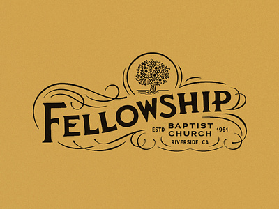 Fellowship Baptist Church - Riverside branding christian church classic custom type design flourish fruit gold illustration industry logo orange riverside tree typography victorian