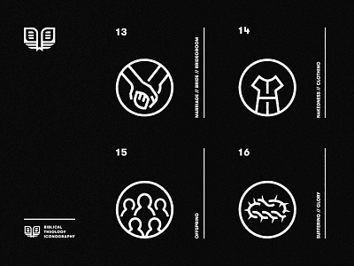 Biblical Theology Icons (4) black book branding christian church clothing crown design grid icon illustration logo marriage minimal people simple thorn type typography vector
