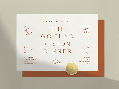 The Go Fund Vision Dinner Invitation arrow bow branding christian copper design gala gold icon illustration invite logo minimal orange simple stationary sun typeface typography vector