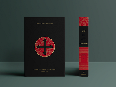 ESV Bible with Creeds And Confessions Packaging book branding christian church classic contrast cover cross design foil stamp gold icon illustration minimal packaging print red simple typography vintage