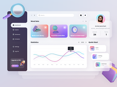 English Learning Platform 3d 3dicons cards creative dashboard design elearning english gradient illustration interection interface learning new platform ui uidesign webdesign