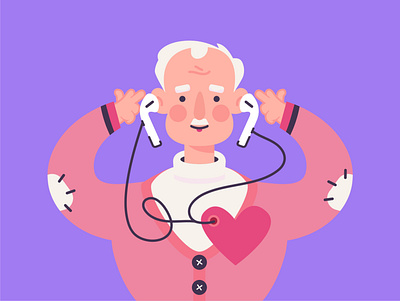 Health care attack care checking elderly grey hair headphones health heart man old pulse
