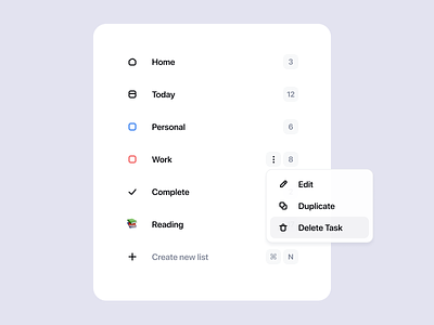 Tasks Menu clean dropdown icon list menu ui white