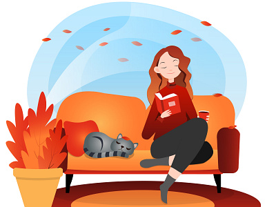 A girl is reading a book. Flat. Cat. Autumn coffee design girl graphic design illustration vector