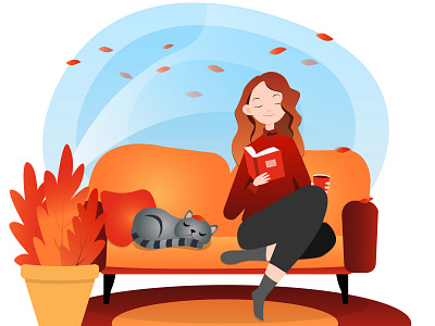 A girl is reading a book. Flat. Cat. Autumn