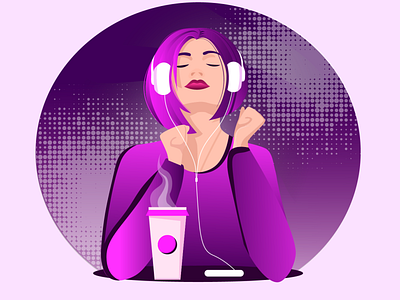 A girl with coffee in headphones. Rest. Relaxation. Music