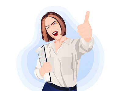 Joyful girl showing thumbs up office work team design girl graphic design illustration quarantine vector