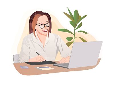 Illustration of a girl at the computer, office work, computer branding design girl graphic design illustration portrait quarantine vector
