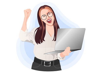 Illustration of a joyful girl with a laptop, office work, team